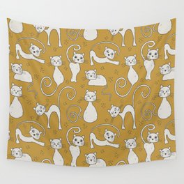 Mustard yellow and off-white cat pattern Wall Tapestry
