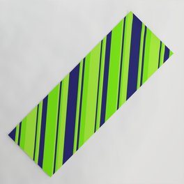[ Thumbnail: Green, Light Green & Midnight Blue Colored Striped/Lined Pattern Yoga Mat ]