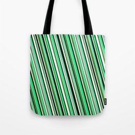 [ Thumbnail: Eye-catching Green, Grey, Forest Green, White, and Black Colored Stripes/Lines Pattern Tote Bag ]