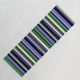 [ Thumbnail: Eyecatching Medium Slate Blue, Green, Beige, Dark Slate Blue, and Black Colored Stripes Pattern Yoga Mat ]