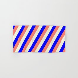 [ Thumbnail: Blue, Salmon & Beige Colored Stripes/Lines Pattern Hand & Bath Towel ]