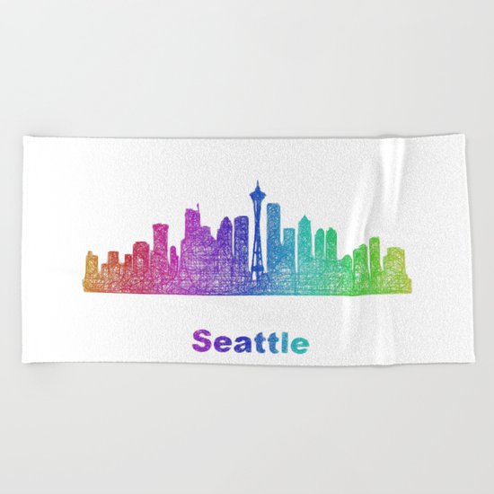 Rainbow Seattle skyline Beach Towel