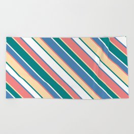 [ Thumbnail: Light Coral, Tan, Teal, White & Blue Colored Striped/Lined Pattern Beach Towel ]