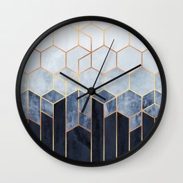 Soft Blue Hexagons Wall Clock | Modern, Geometry, Graphicdesign, Blue, Geometric, Digital, Goldcolor, Abstract, Curated, Pattern 