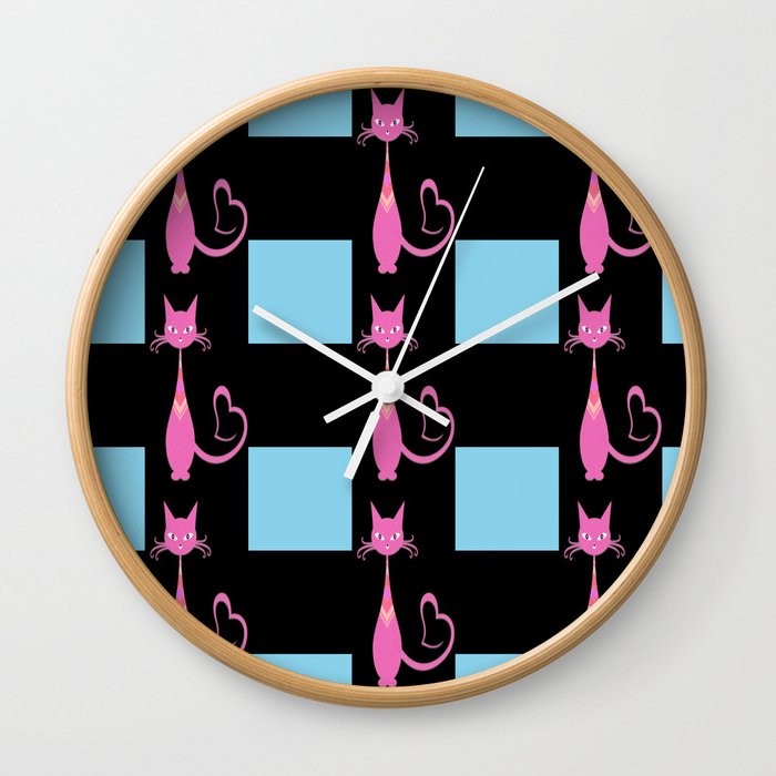 Blue And Black Buffalo Plaid,Valentines Pink Cat Pattern,Blue And Black Plaid , Wall Clock