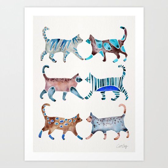Cat Collection – Blue & Brown Palette Art Print