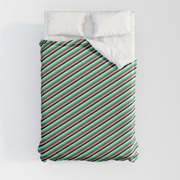 [ Thumbnail: Vibrant Light Cyan, Green, Red, Grey, and Black Colored Lines Pattern Duvet Cover ]