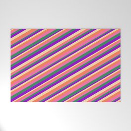 [ Thumbnail: Eyecatching Coral, Hot Pink, Sea Green, Dark Violet, and Tan Colored Pattern of Stripes Welcome Mat ]