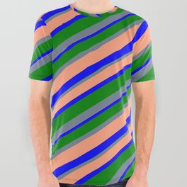 [ Thumbnail: Slate Gray, Light Salmon, Blue & Green Colored Lines/Stripes Pattern All Over Graphic Tee ]