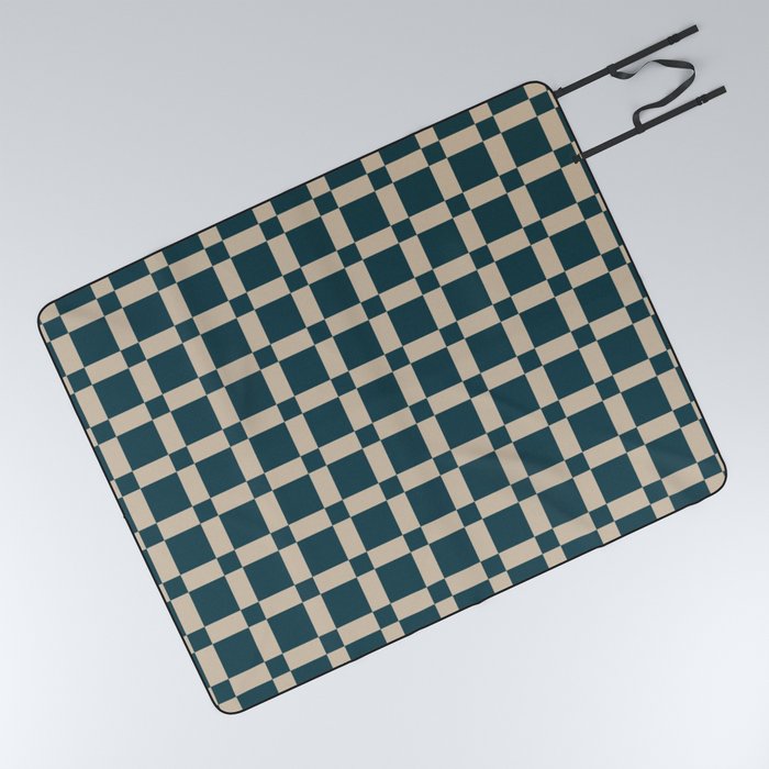 Contemporary Retro Checkerboard Pattern Tan & Bottle Green Picnic Blanket