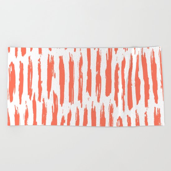 Vertical Dash Deep Coral on White Beach Towel