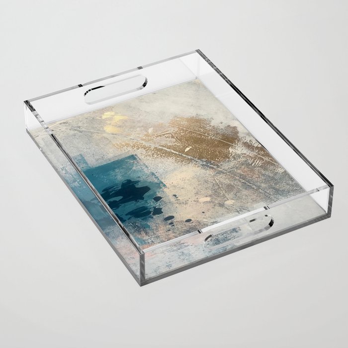 Embrace: a minimal, abstract mixed-media piece in blues and gold with a hint of pink Acrylic Tray