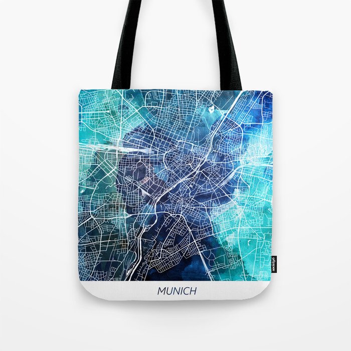 Munich Street Map Navy Blue Turquoise Watercolor Germany Europe Map Tote Bag