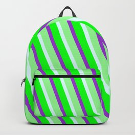 [ Thumbnail: Dark Orchid, Green, Light Cyan & Lime Colored Lined Pattern Backpack ]