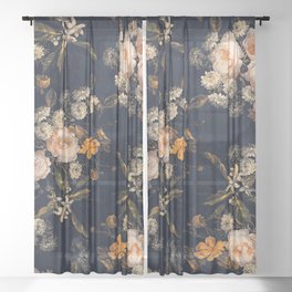 Antique Botanical Peach Roses And Chamomile Midnight Garden Sheer Curtain