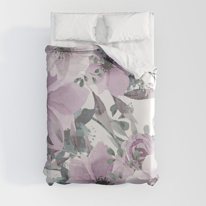Floral Watercolor, Purple and Gray Duvet Cover