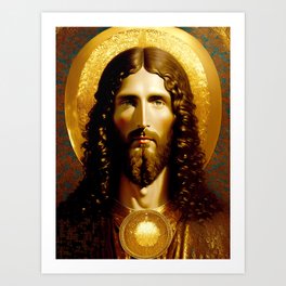 Golden Jesus portrait - classic iconic depiction Art Print