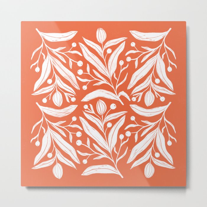 Coral and white modern floral art  Metal Print