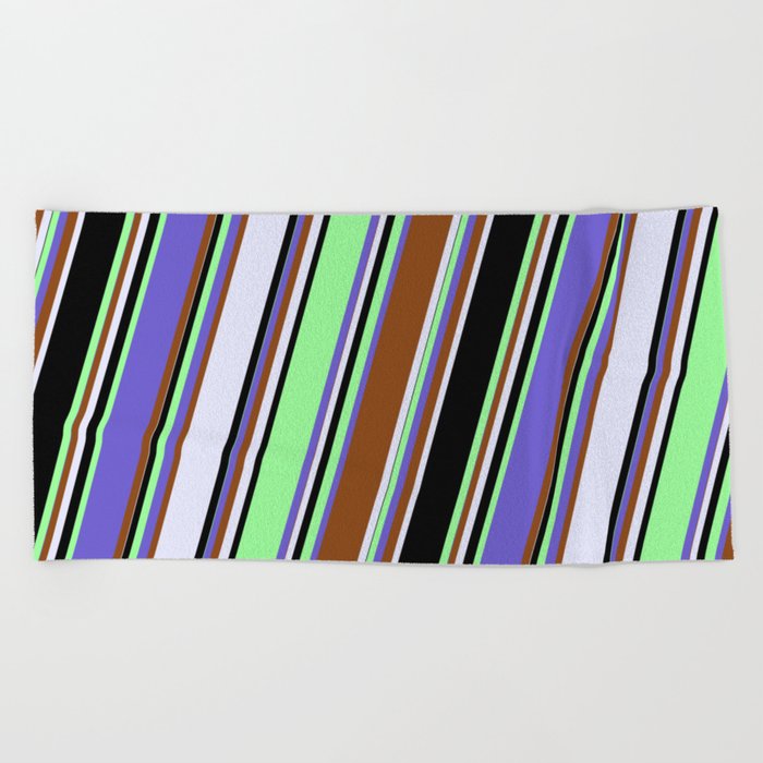 Eyecatching Slate Blue, Brown, Lavender, Black & Green Colored Stripes Pattern Beach Towel