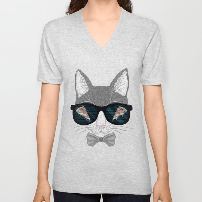 Cat in Pizza Shades V Neck T Shirt