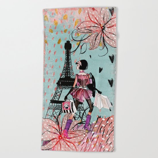 Fashion girl in Paris- Shopping at the EiffelTower Beach Towel
