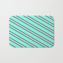 [ Thumbnail: Aquamarine, Brown, and Dark Violet Colored Pattern of Stripes Bath Mat ]