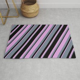 [ Thumbnail: Plum, Slate Gray, and Black Colored Lines Pattern Rug ]