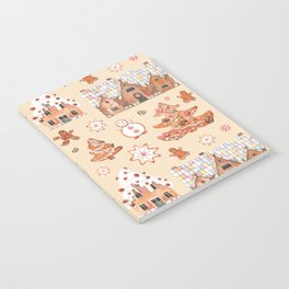 Hand drawn watercolour seamless pattern of gingerbread houses, christmas tree, snowman, snowflakes with the sweets on the beige background.  Notebook