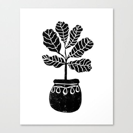 Fiddle Leaf Fig tree linocut black and white minimal modern lino carving monochromatic trendy art Canvas Print