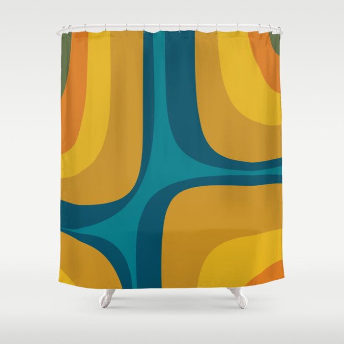 Retro Groove Mustard Teal - Minimalist Mid Century Abstract Pattern Shower Curtain