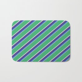 [ Thumbnail: Vibrant Dark Grey, Sea Green, Light Gray, Dark Slate Blue & Blue Colored Lines/Stripes Pattern Bath Mat ]