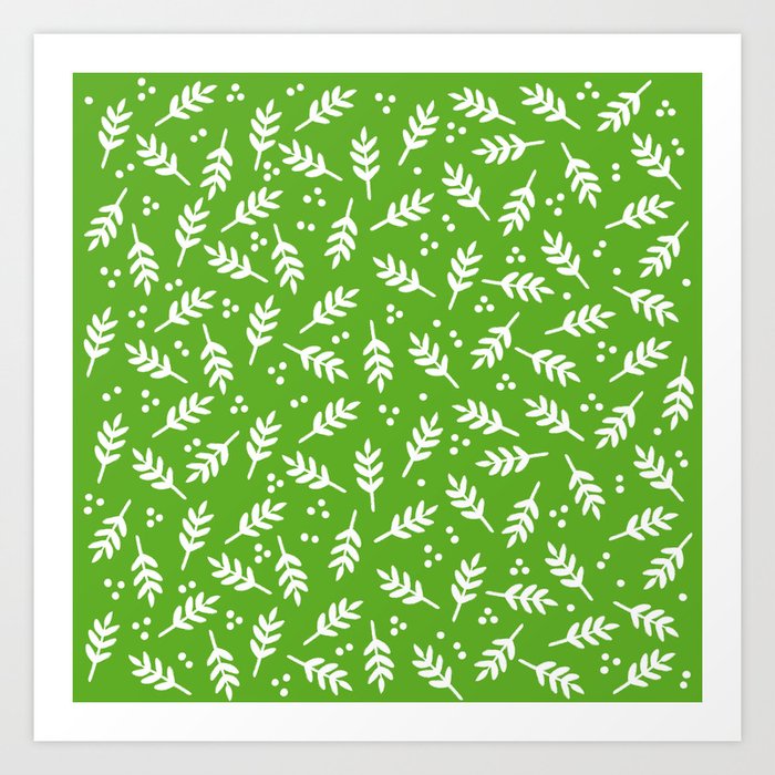 Christmas Pattern, Whimsical Leaves, Green Art Print