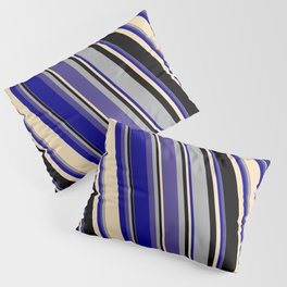 [ Thumbnail: Dark Gray, Dark Slate Blue, Dark Blue, Tan, and Black Colored Striped Pattern Pillow Sham ]