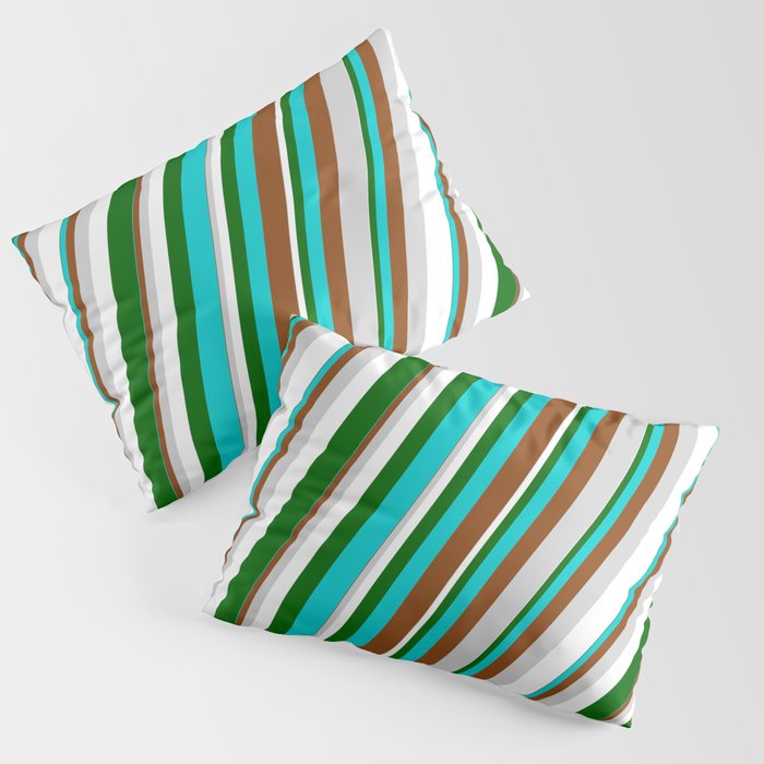 Eyecatching Dark Turquoise, Brown, Light Gray, White & Dark Green Colored Lined Pattern Pillow Sham