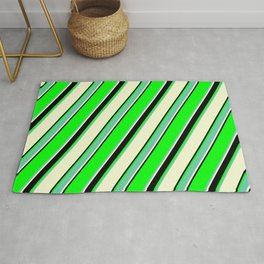 [ Thumbnail: Lime, Aquamarine, Light Yellow & Black Colored Lined Pattern Rug ]