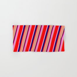 [ Thumbnail: Dark Salmon, Blue, Red, and Violet Colored Lines Pattern Hand & Bath Towel ]