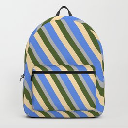 [ Thumbnail: Dark Olive Green, Beige, Cornflower Blue & Grey Colored Lines Pattern Backpack ]