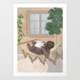 Boho Sloth in a Hammock Reading a book Art Print