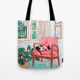 Little Naps - Tuxedo Cat Napping in a Pink Mid-Century Chair by the Window Tote Bag