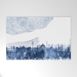 Lisbon Skyline & Map Watercolor Navy Blue, Print by Zouzounio Art Welcome Mat