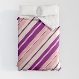 [ Thumbnail: Light Pink, Beige, and Purple Colored Lined/Striped Pattern Comforter ]
