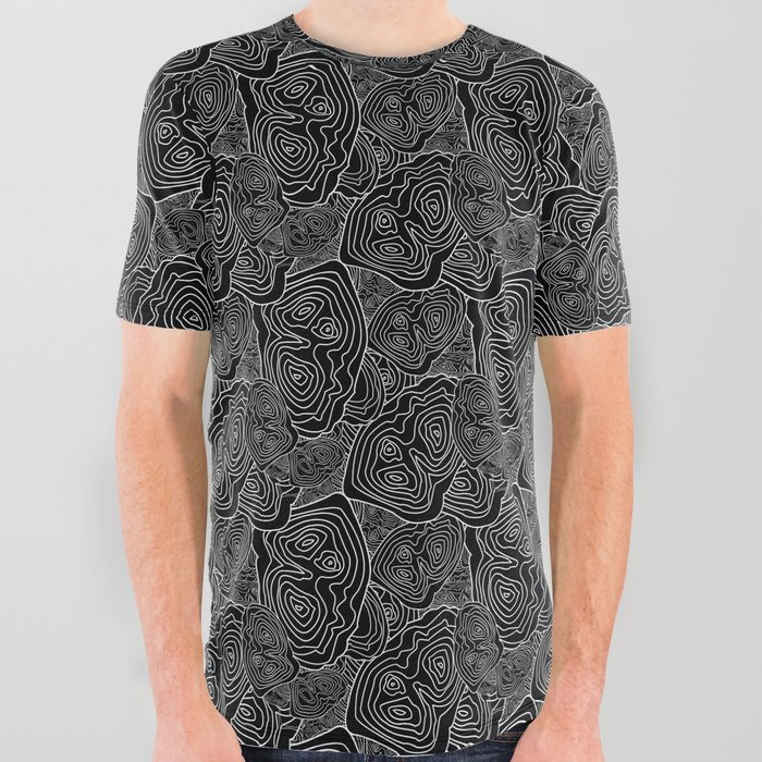 Topographic Map Pattern Black Version All Over Graphic Tee