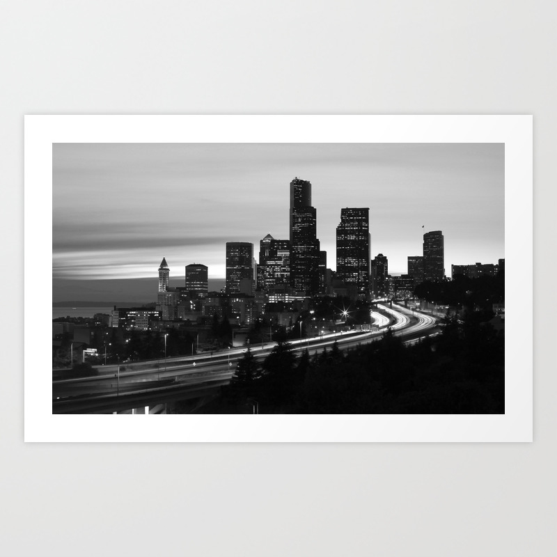 Seattle Skyline Sunset City Black And White Art Print By