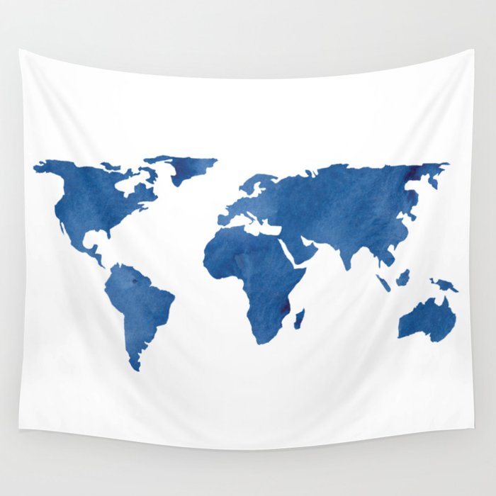 Map - Blue World Map Watercolor Wall Tapestry