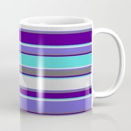 [ Thumbnail: Eye-catching Indigo, Turquoise, Light Gray, Slate Blue, and Dim Grey Colored Striped Pattern Coffee Mug ]