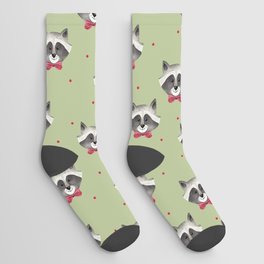 Cute Raccoon and Red Polka Dots on Sage Green Socks