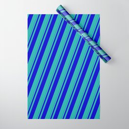 [ Thumbnail: Blue and Light Sea Green Colored Striped Pattern Wrapping Paper ]