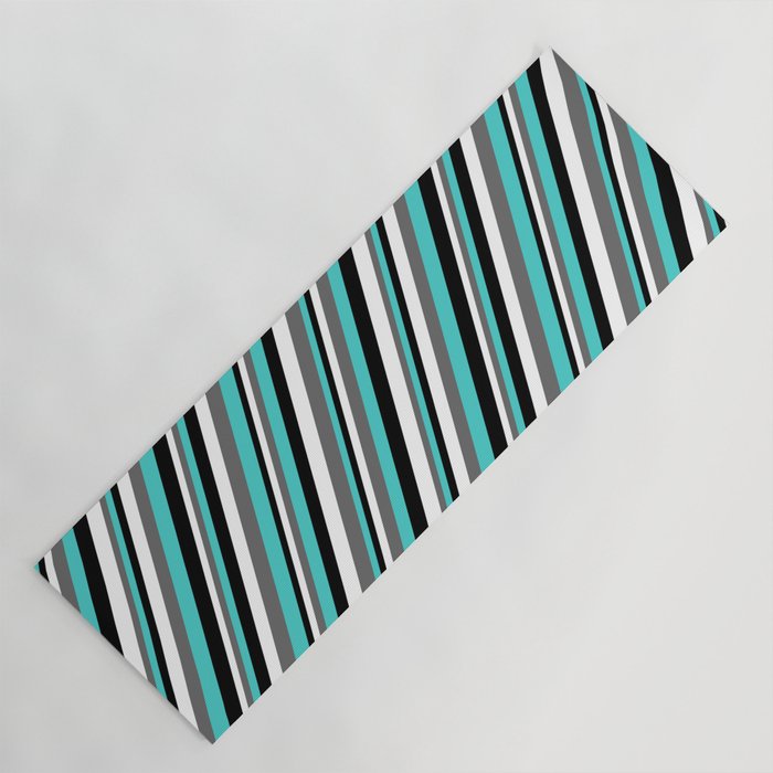 White, Dim Gray, Turquoise, and Black Colored Lined Pattern Yoga Mat