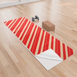 [ Thumbnail: Tan & Red Colored Lined/Striped Pattern Yoga Towel ]