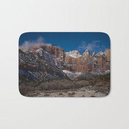 Zion Winter 4720 - National Park, Utah Bath Mat | Zion, Peaks, Thewesttemple, Travel Photography, Thesentinel, Geology, Sedimentary Rock, Trekking, Zionnationalpark, Nature 